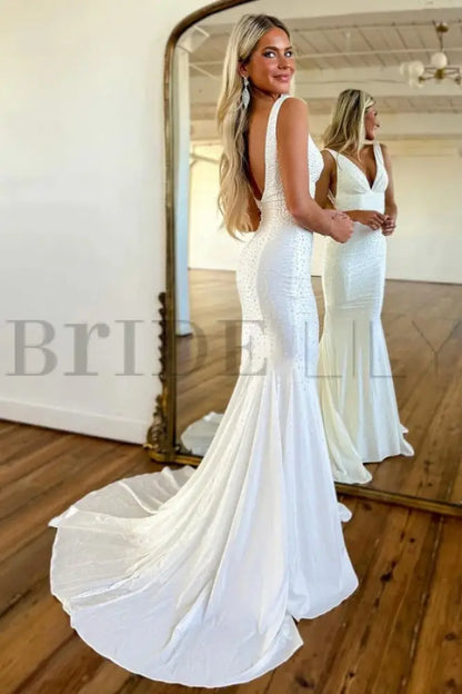 Green Prom Dress Mermaid V Neck Long Evening Dress with Beadings