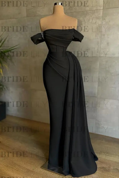 White Prom Dress Sleeveless Elegant Pleated Off-the-Shoulder Satin Evening Dress