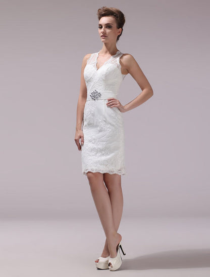 White Sheath Rhinestone Knee-Length Lace Wedding Reception Dress