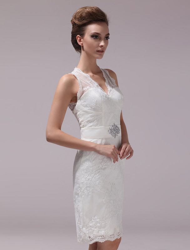White Sheath Rhinestone Knee-Length Lace Wedding Reception Dress