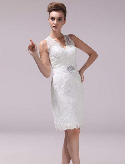 White Sheath Rhinestone Knee-Length Lace Wedding Reception Dress