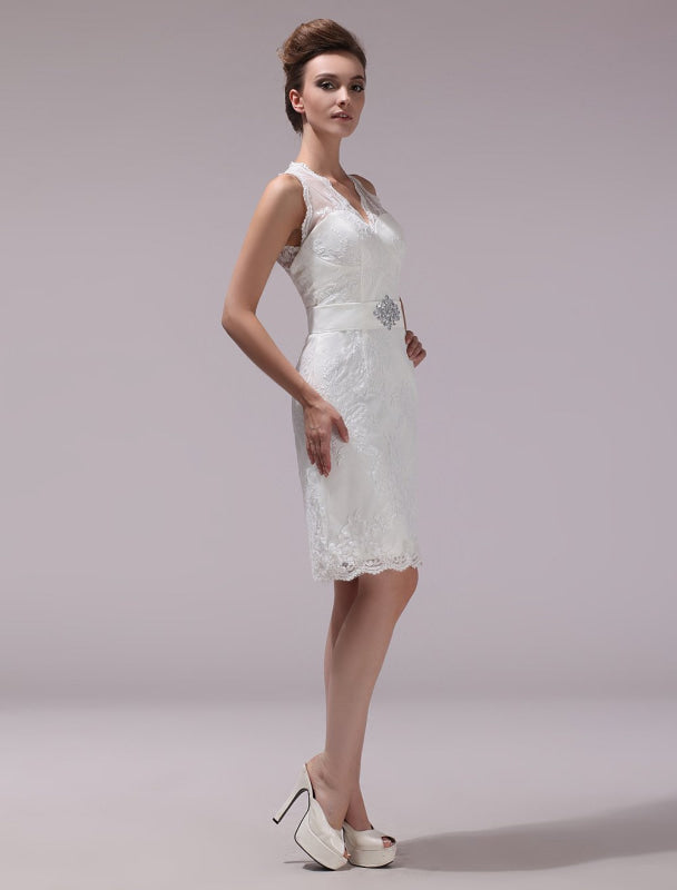 White Sheath Rhinestone Knee-Length Lace Wedding Reception Dress