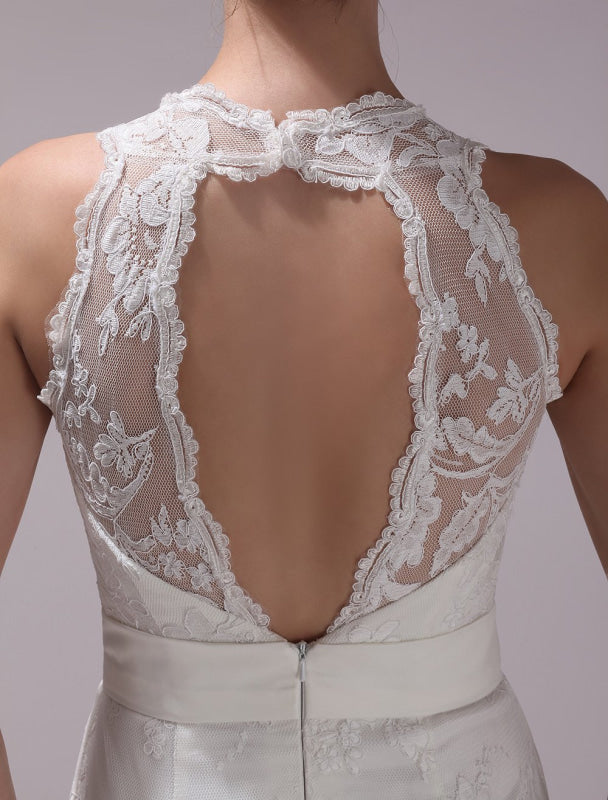 White Sheath Rhinestone Knee-Length Lace Wedding Reception Dress