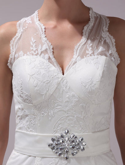 White Sheath Rhinestone Knee-Length Lace Wedding Reception Dress