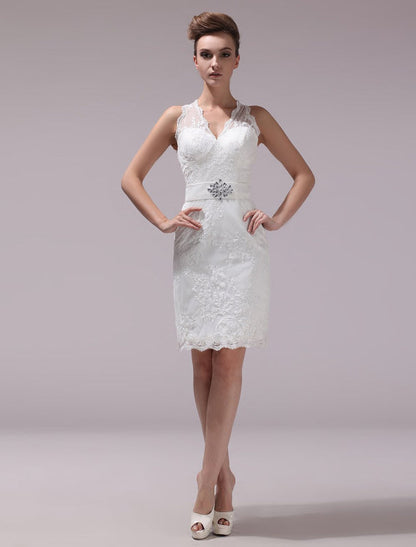 White Sheath Rhinestone Knee-Length Lace Wedding Reception Dress