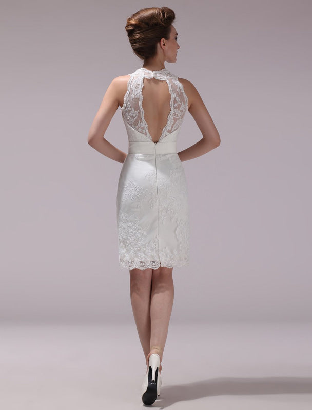 White Sheath Rhinestone Knee-Length Lace Wedding Reception Dress