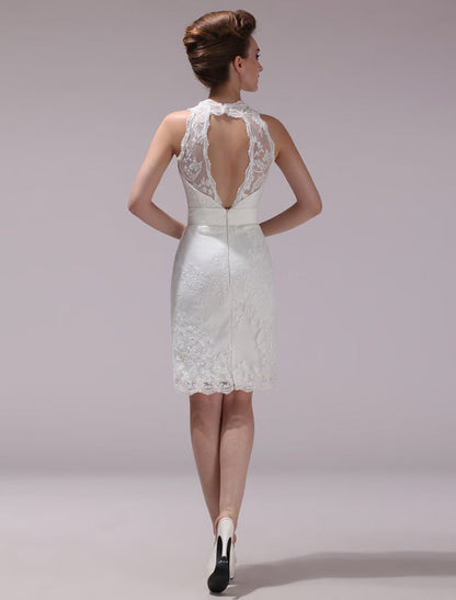 White Sheath Rhinestone Knee-Length Lace Wedding Reception Dress