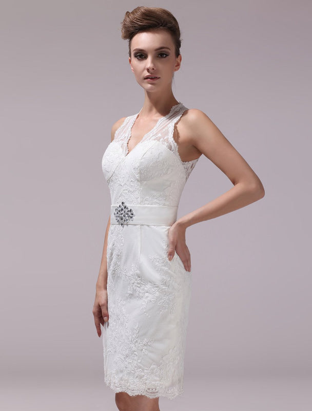 White Sheath Rhinestone Knee-Length Lace Wedding Reception Dress