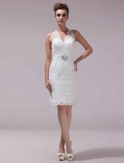 White Sheath Rhinestone Knee-Length Lace Wedding Reception Dress
