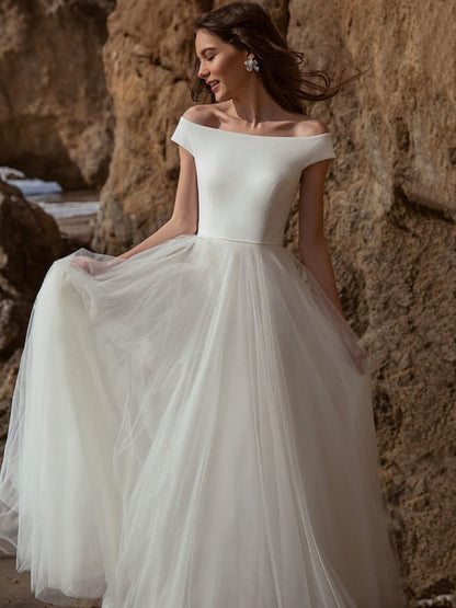 White Simple Wedding Dress A-Line Bateau Neck Off-Shoulder Sleeveless Pleated Tulle Bridal Dresses