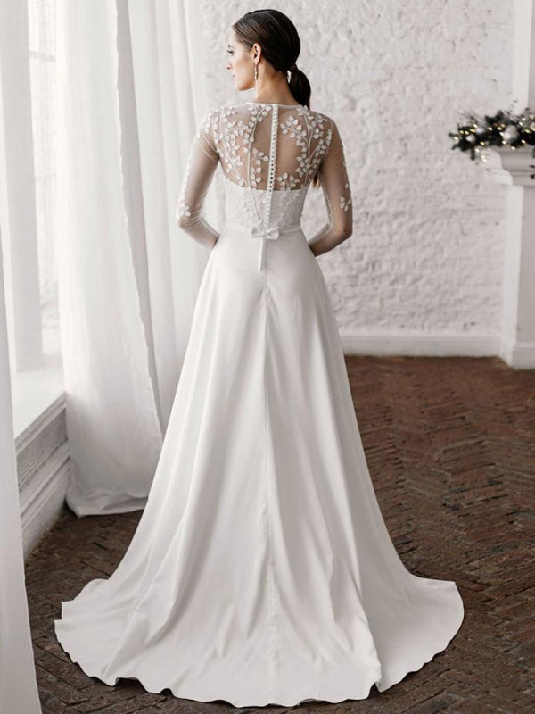White Simple Wedding Dress A-Line Long Sleeves Pearls Lace Bridal Gowns
