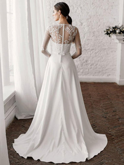 White Simple Wedding Dress A-Line Long Sleeves Pearls Lace Bridal Gowns