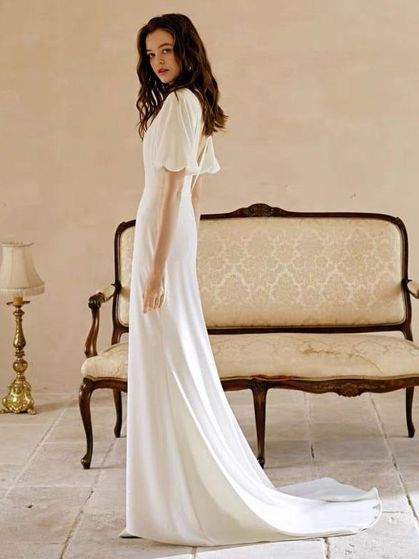 White Simple Wedding Dress A-Line Mermaid V-Neck Short Sleeves Bridal Dresses