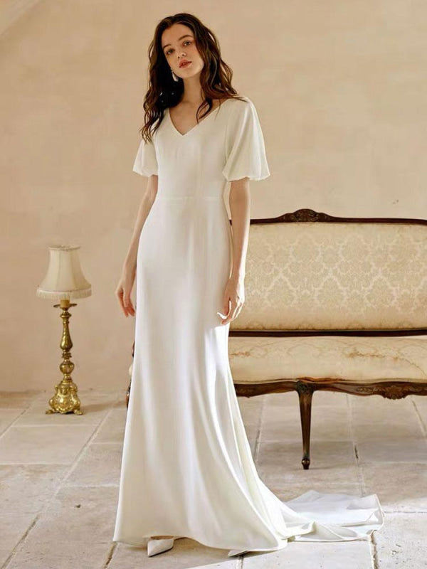 White Simple Wedding Dress A-Line Mermaid V-Neck Short Sleeves Bridal Dresses