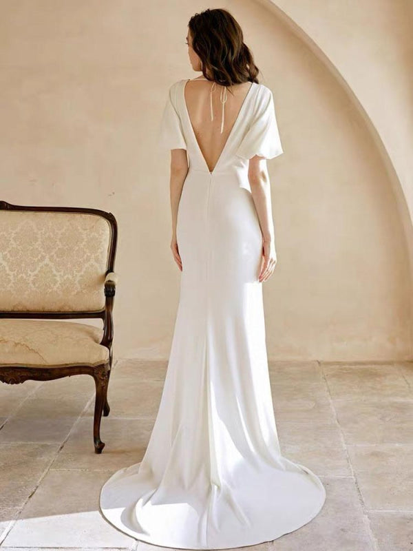 White Simple Wedding Dress A-Line Mermaid V-Neck Short Sleeves Bridal Dresses