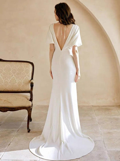 White Simple Wedding Dress A-Line Mermaid V-Neck Short Sleeves Bridal Dresses