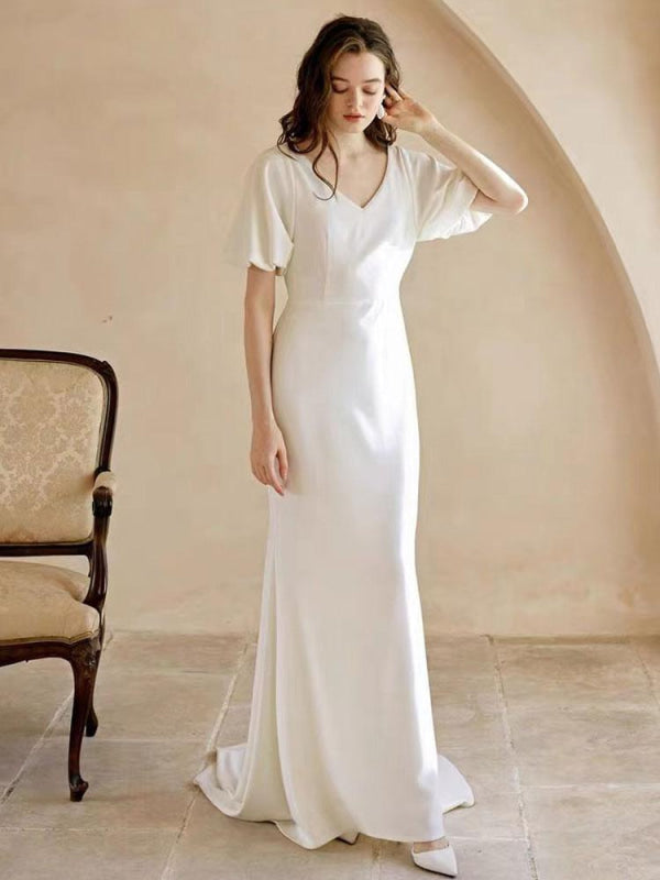 White Simple Wedding Dress A-Line Mermaid V-Neck Short Sleeves Bridal Dresses