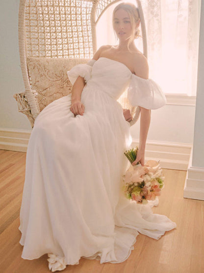White Simple Wedding Dress A-Line Off The Shoulder Chiffon Strapless Long Bridal Dresses