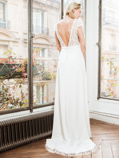 White Simple A-Line Wedding Dress Backless Short Sleeves Lace Satin Long Bridal Dresses