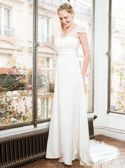 White Simple A-Line Wedding Dress Backless Short Sleeves Lace Satin Long Bridal Dresses