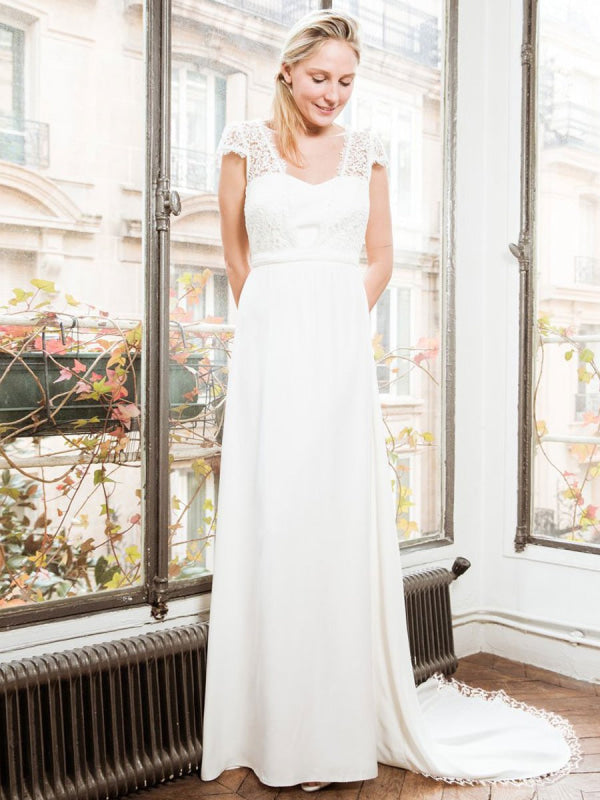 White Simple A-Line Wedding Dress Backless Short Sleeves Lace Satin Long Bridal Dresses