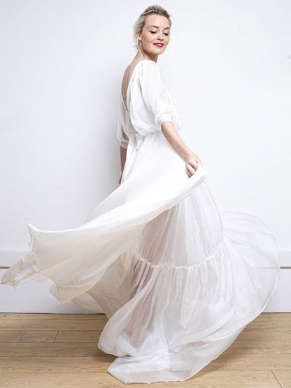 White Simple Wedding Dress A-Line V-Neck Half Sleeves Backless Tulle Satin Long Bridal Gowns