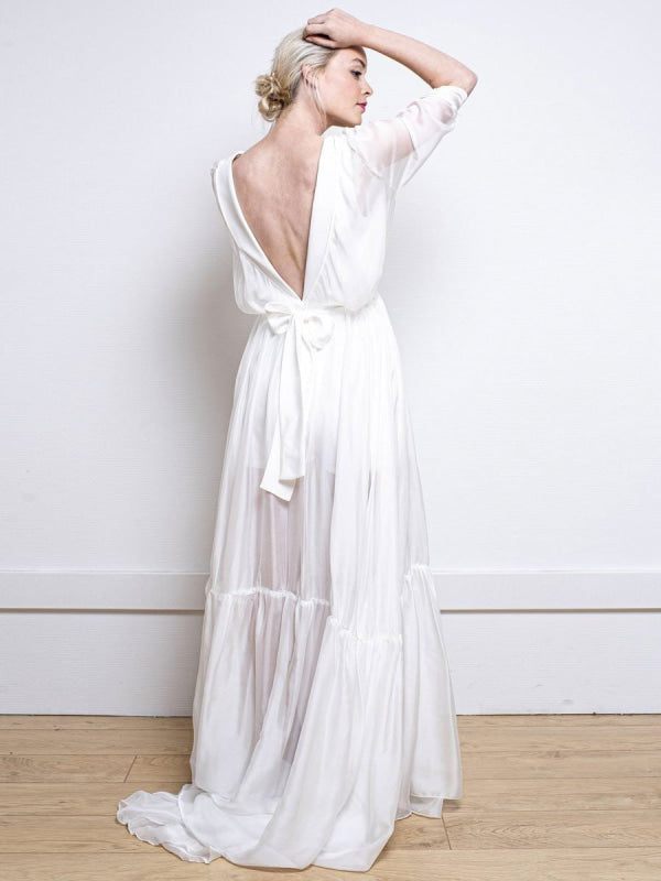 White Simple Wedding Dress A-Line V-Neck Half Sleeves Backless Tulle Satin Long Bridal Gowns