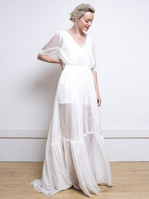 White Simple Wedding Dress A-Line V-Neck Half Sleeves Backless Tulle Satin Long Bridal Gowns