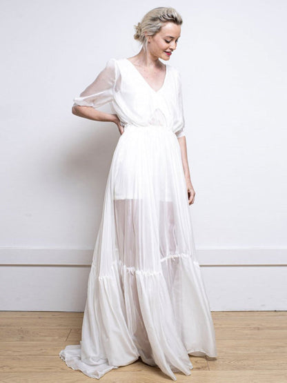 White Simple Wedding Dress A-Line V-Neck Half Sleeves Backless Tulle Satin Long Bridal Gowns