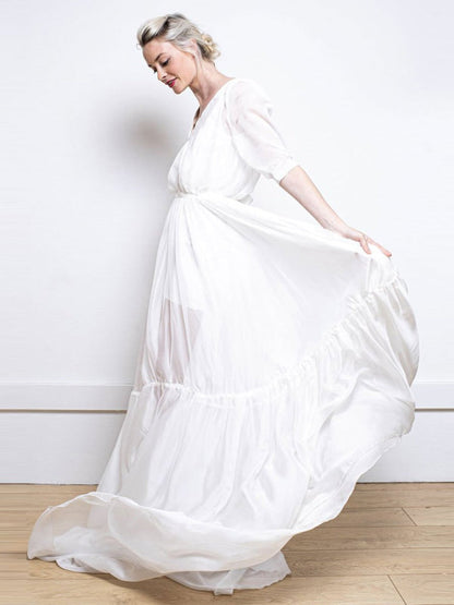 White Simple Wedding Dress A-Line V-Neck Half Sleeves Backless Tulle Satin Long Bridal Gowns