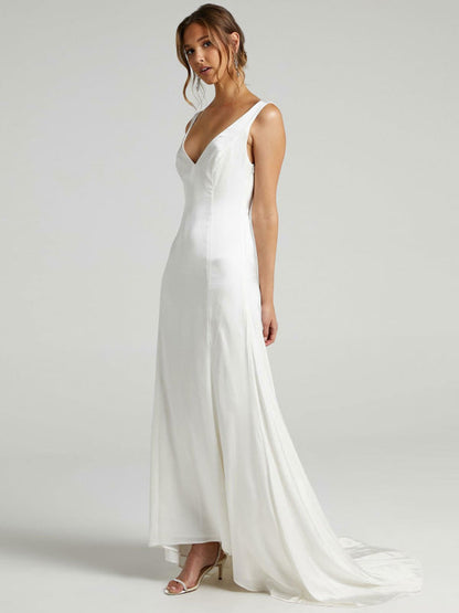 White Simple Wedding Dress A-Line V-Neck Sleeveless Backless Chiffon Bridal Dresses