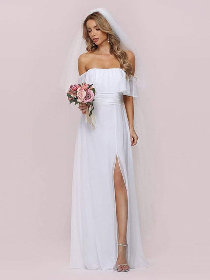 White Simple Wedding Dress Chiffon Bateau Neck Sleeveless Split Front A-Line Bridal Gowns