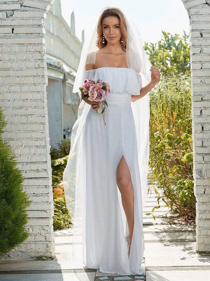 White Simple Wedding Dress Chiffon Bateau Neck Sleeveless Split Front A-Line Bridal Gowns