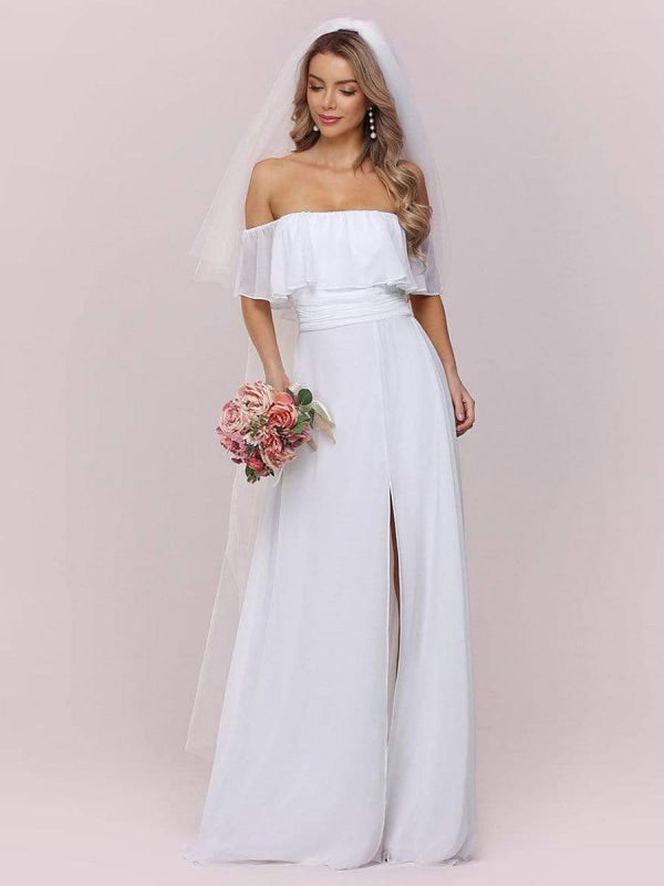 White Simple Wedding Dress Chiffon Bateau Neck Sleeveless Split Front A-Line Bridal Gowns