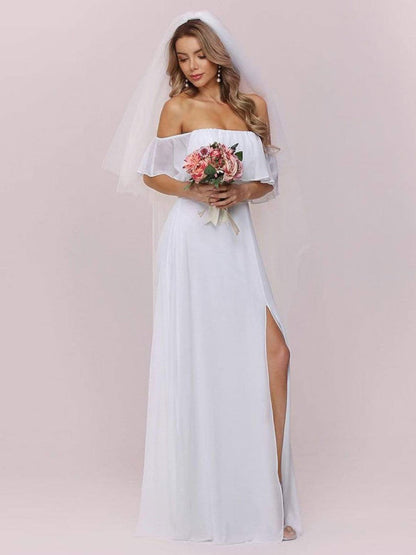 White Simple Wedding Dress Chiffon Bateau Neck Sleeveless Split Front A-Line Bridal Gowns