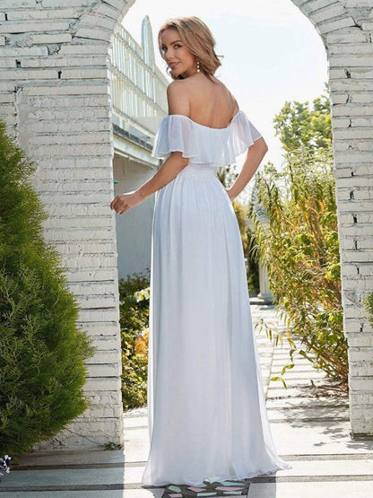White Simple Wedding Dress Chiffon Bateau Neck Sleeveless Split Front A-Line Bridal Gowns