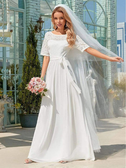 White Simple Wedding Dress Chiffon Jewel Neck Short Sleeves A-Line Bridal Gowns