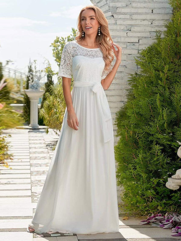 White Simple Wedding Dress Chiffon Jewel Neck Short Sleeves A-Line Bridal Gowns