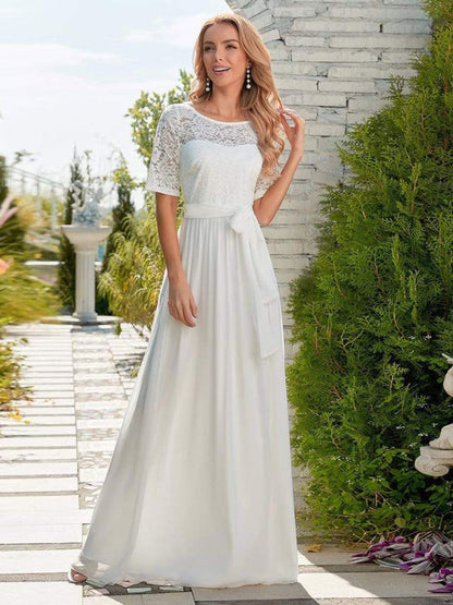 White Simple Wedding Dress Chiffon Jewel Neck Short Sleeves A-Line Bridal Gowns