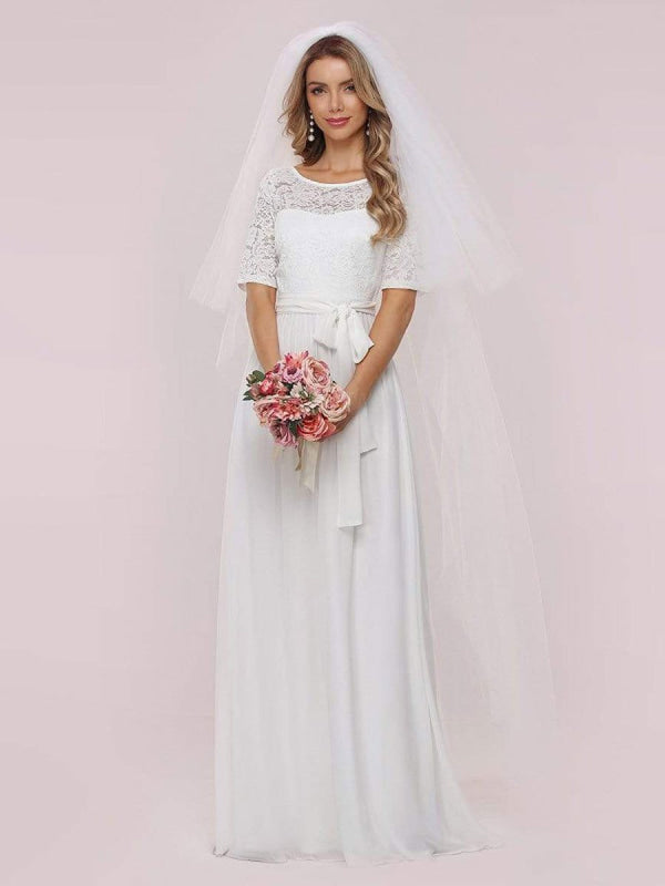White Simple Wedding Dress Chiffon Jewel Neck Short Sleeves A-Line Bridal Gowns
