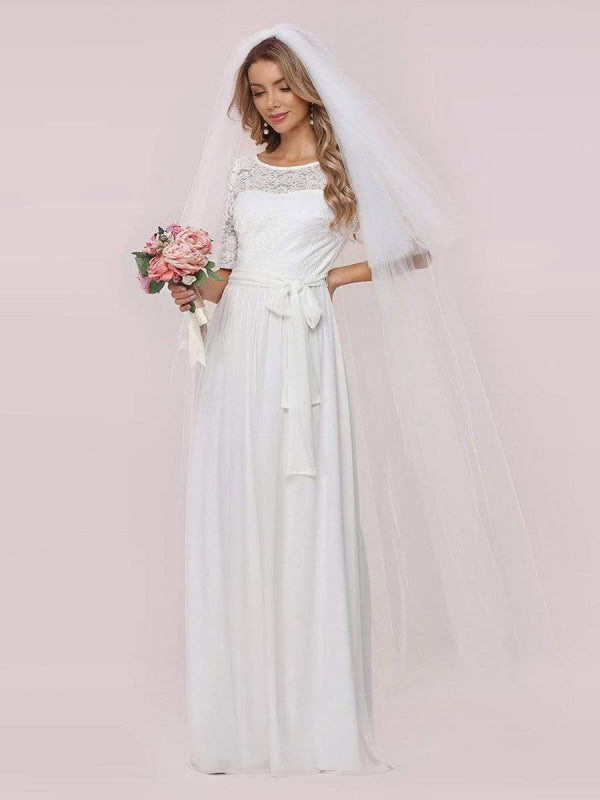 White Simple Wedding Dress Chiffon Jewel Neck Short Sleeves A-Line Bridal Gowns