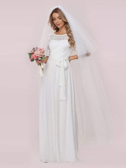 White Simple Wedding Dress Chiffon Jewel Neck Short Sleeves A-Line Bridal Gowns