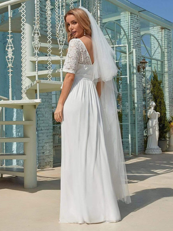 White Simple Wedding Dress Chiffon Jewel Neck Short Sleeves A-Line Bridal Gowns