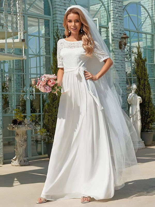 White Simple Wedding Dress Chiffon Jewel Neck Short Sleeves A-Line Bridal Gowns