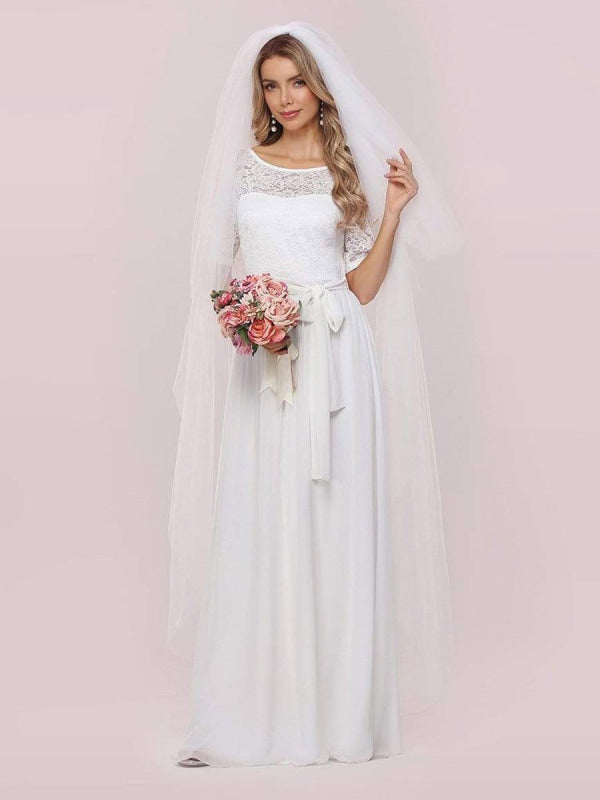 White Simple Wedding Dress Chiffon Jewel Neck Short Sleeves A-Line Bridal Gowns