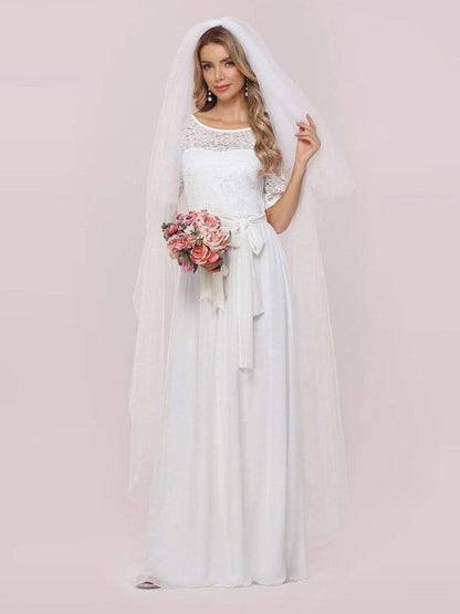 White Simple Wedding Dress Chiffon Jewel Neck Short Sleeves A-Line Bridal Gowns