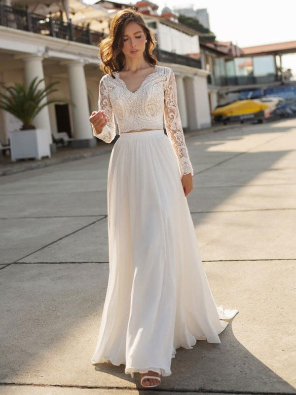 White Simple Wedding Dress Chiffon V-Neck Long Sleeves A-Line Split Lace Bridal Gowns