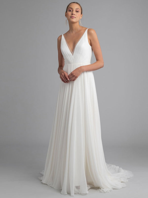 White Simple Wedding Dress Chiffon V-Neck Sleeveless A-Line Backless Long Bridal Dresses