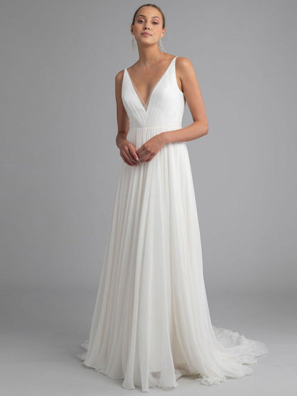 White Simple Wedding Dress Chiffon V-Neck Sleeveless A-Line Backless Long Bridal Dresses