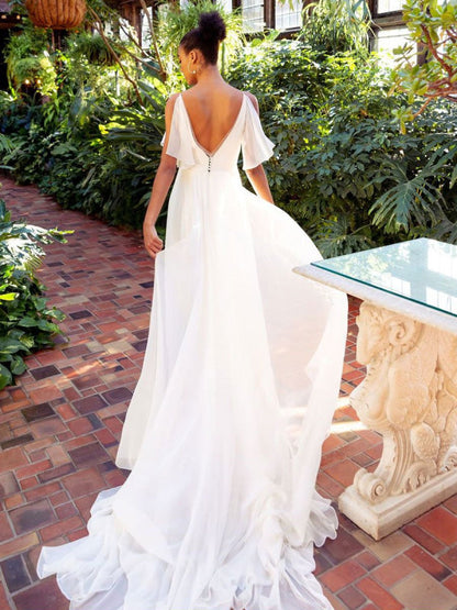 White Simple Wedding Dress Chiffon V-Neck Sleeveless A-Line Backless Long Bridal Dresses